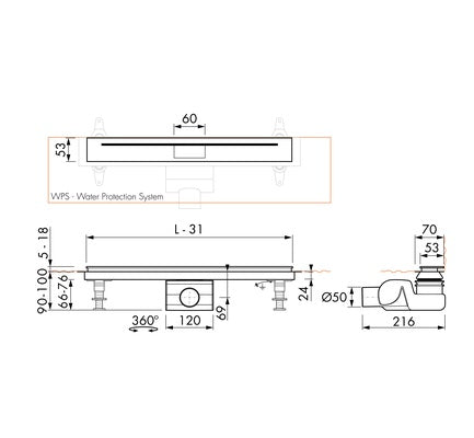 Easy Drain XS Nano-Line Wall 100 cm avec corps d’encastrement